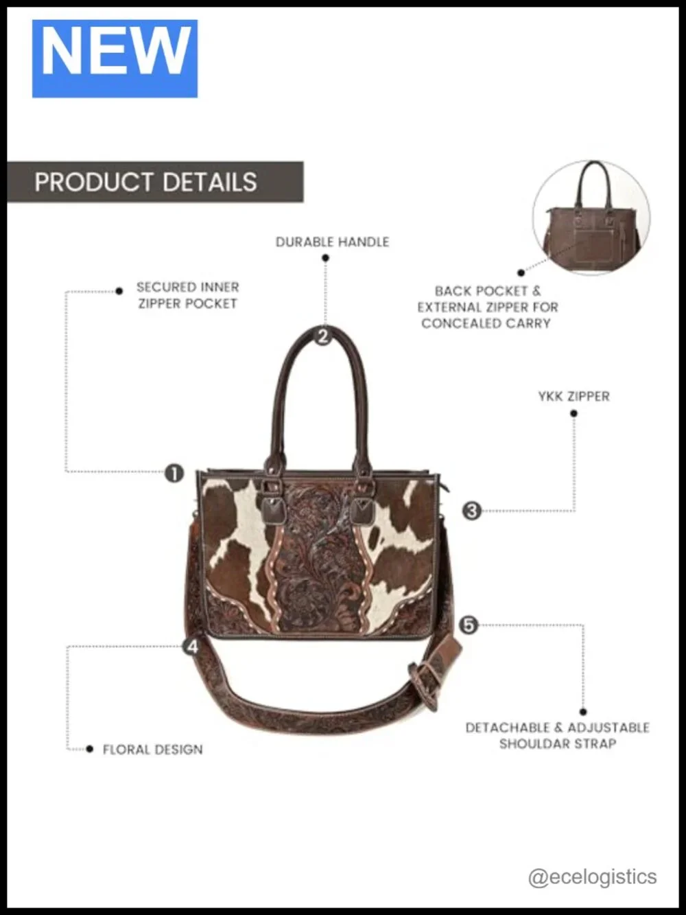 Western Leather Tote Bag Hand-Tooled Cowhide Hair-On Shoulder Purse